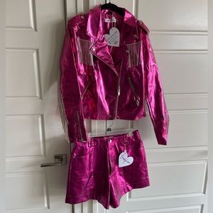 NWT Buddy Love Metallic Pink Vegan Leather Fringe Jacket & Shorts Set